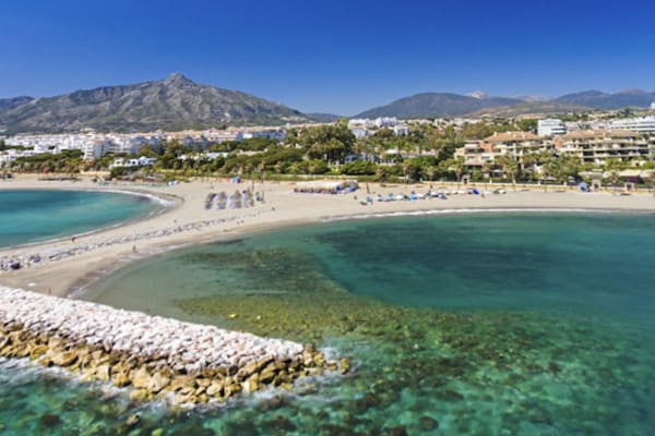 Marbella coastal view with palm trees and luxury resort